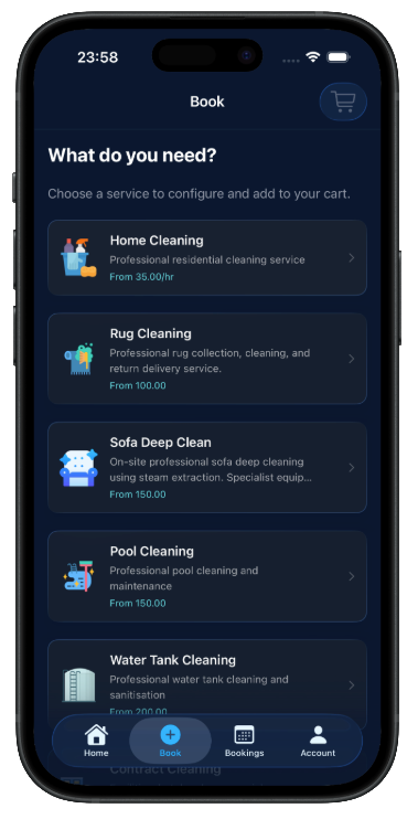 Halo Clean App Booking Screen