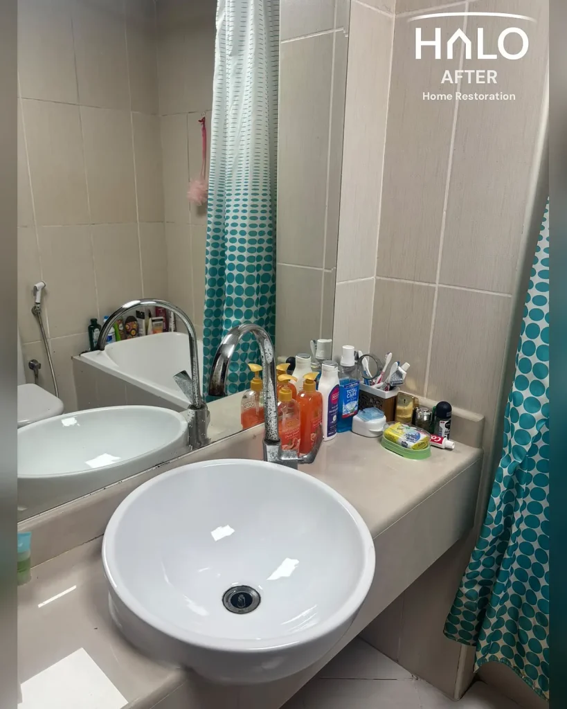 After a bathroom deep clean in Ras Al Khaimah - a gleaming basin, polished mirror and toiletries tidied away, returning the bathroom to a calm, welcoming space