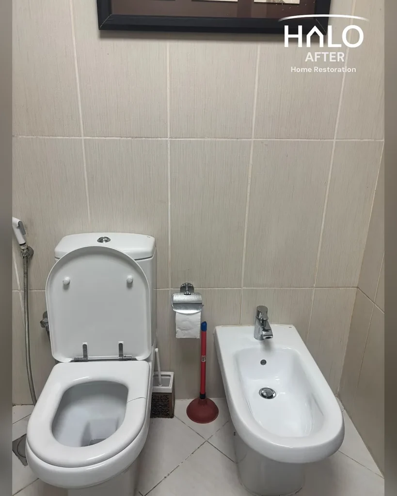After a home restoration deep clean in Ras Al Khaimah - toilet scrubbed bright white, fully disinfected and the whole bathroom tidied and sanitised
